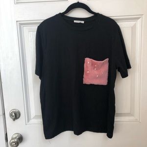 Zara fur pocket pearl t-shirt